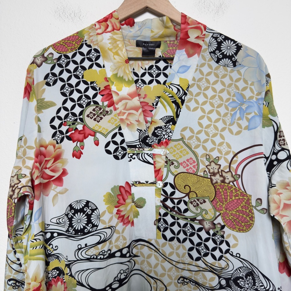 Natori Women Kaftan Maxi House Dress Large Multicolor Floral Asian Inspired Slit - Picture 4 of 12